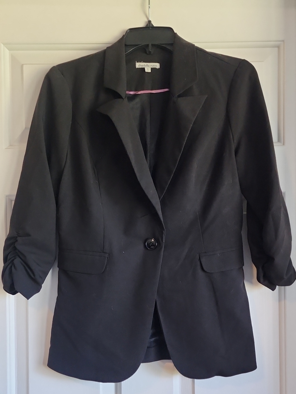 Black Women's Single-Button Blazer Jacket - Ruched 3/4 Sleeves